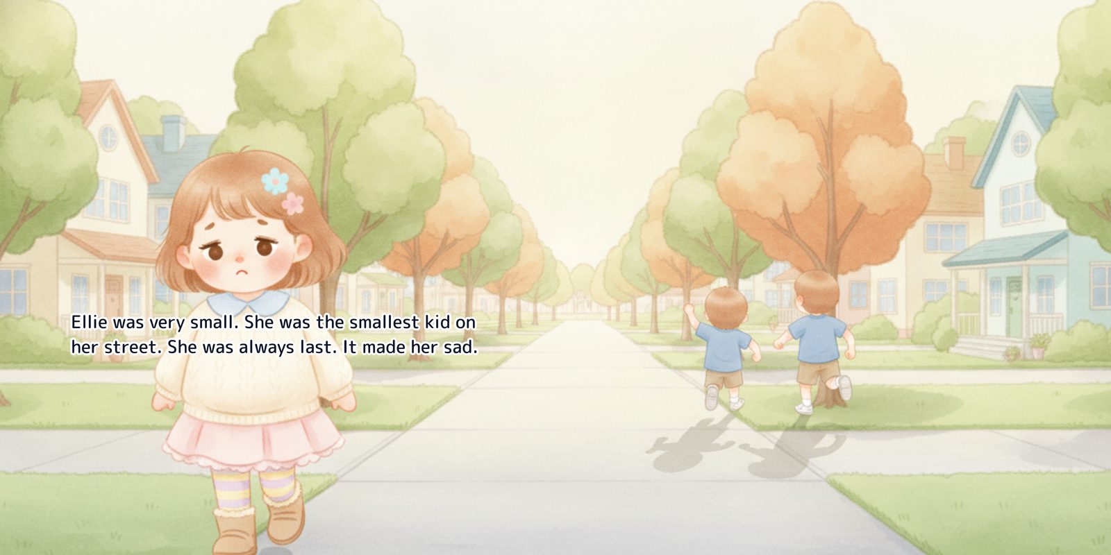 Ellie walking alone up a sunny suburban sidewalk, looking downcast, while two taller kids run far ahead of her