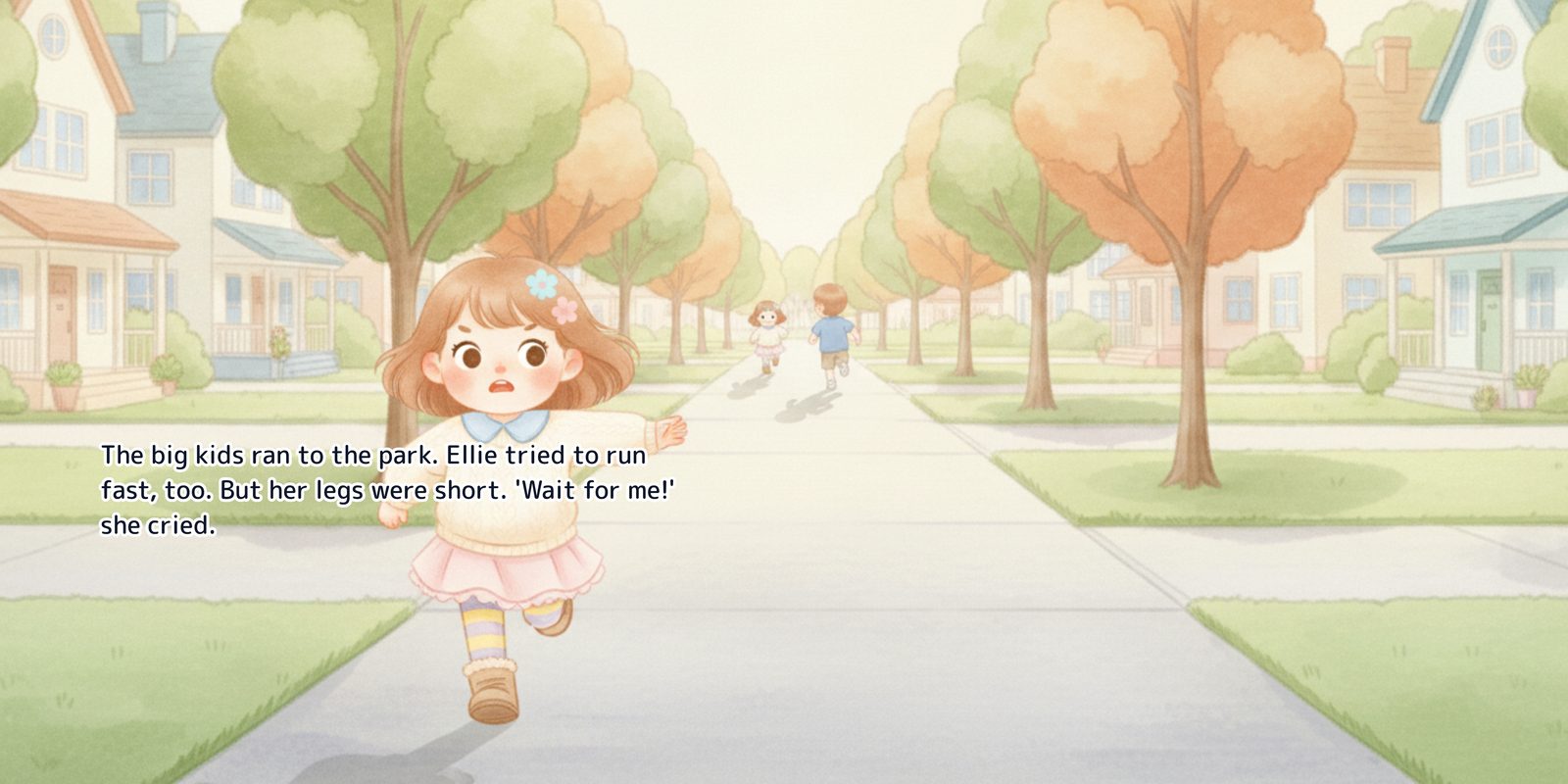 Ellie running up the street with one arm out, calling after the bigger kids disappearing into the distance
