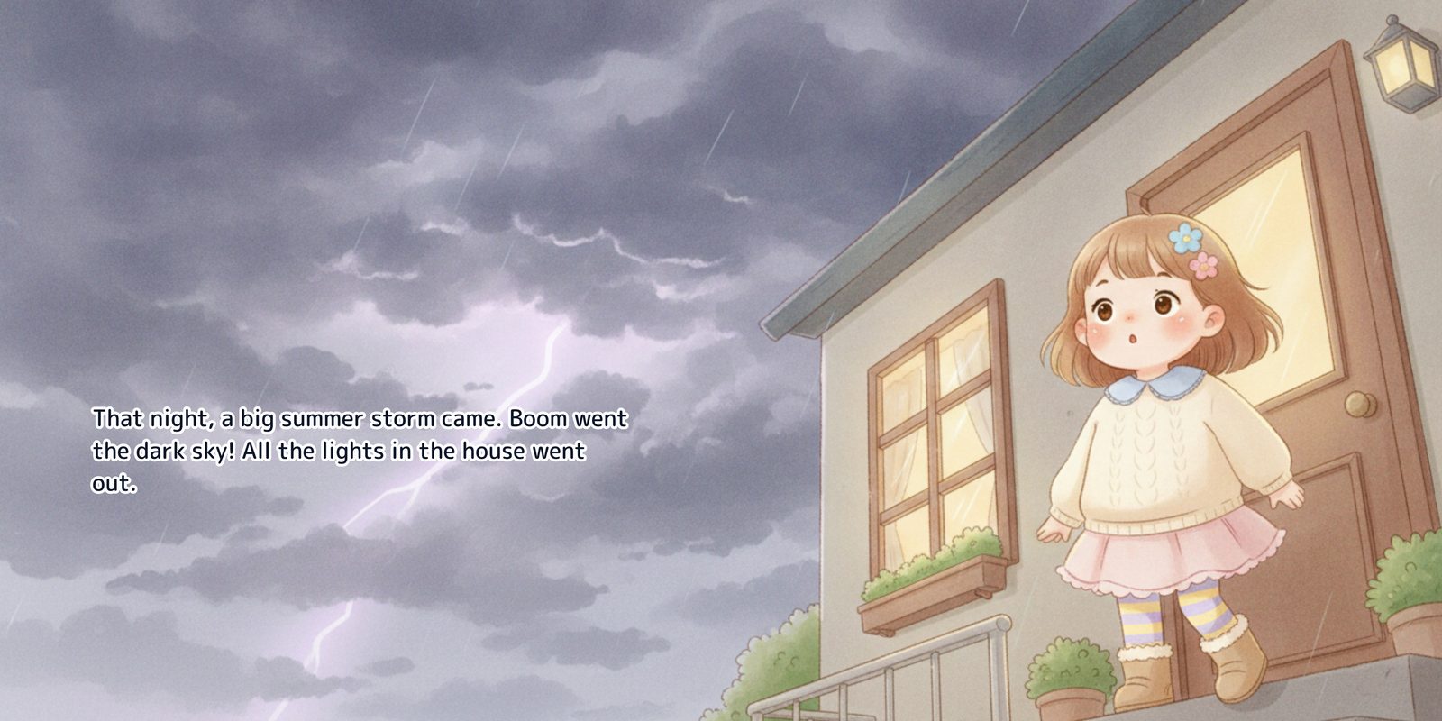Ellie standing in her lit doorway at night, looking up at a dark sky split by lightning