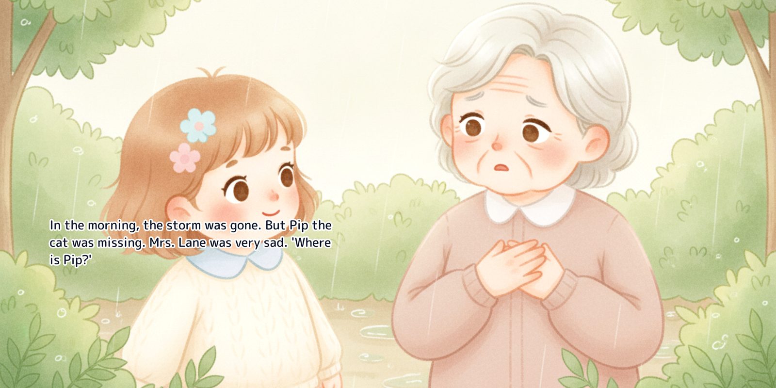 Ellie looking up at her elderly neighbor Mrs. Lane, who holds her hands to her chest in worry