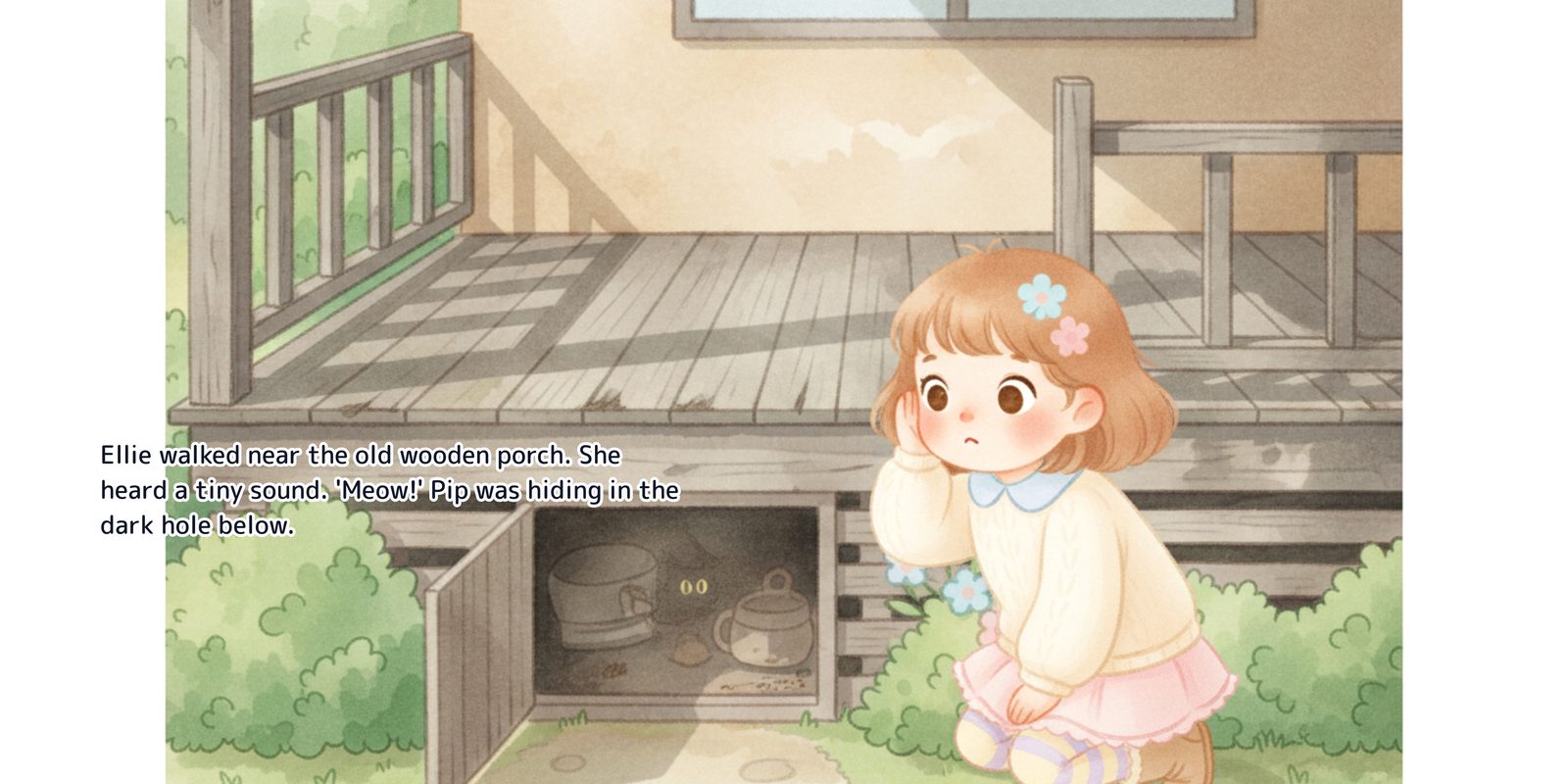 Ellie crouched beside an old wooden porch, cupping one hand to her ear toward the dark gap underneath