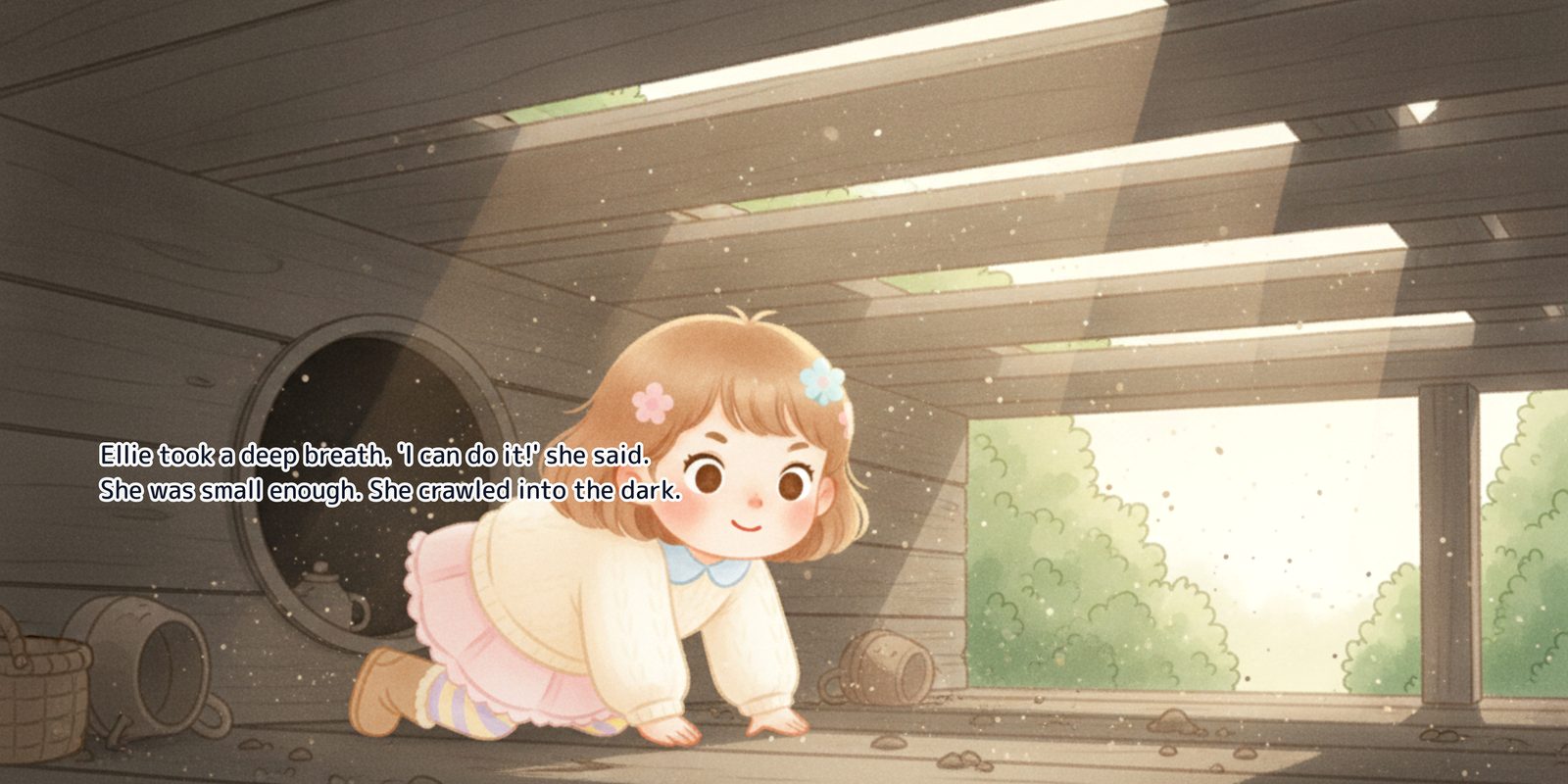 Ellie on her hands and knees, crawling into the dark space under the porch with a shaft of daylight behind her