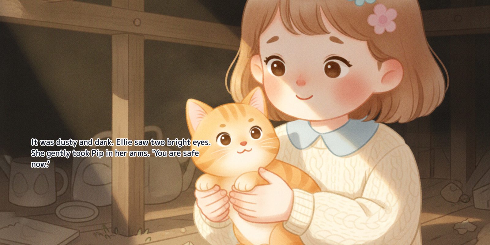 Ellie in the dusty half-dark under the porch, holding an orange tabby kitten against her sweater