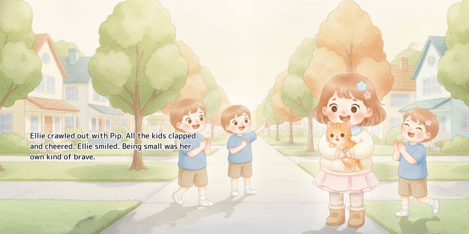 Ellie back out on the sidewalk holding Pip while three kids clap and cheer around her