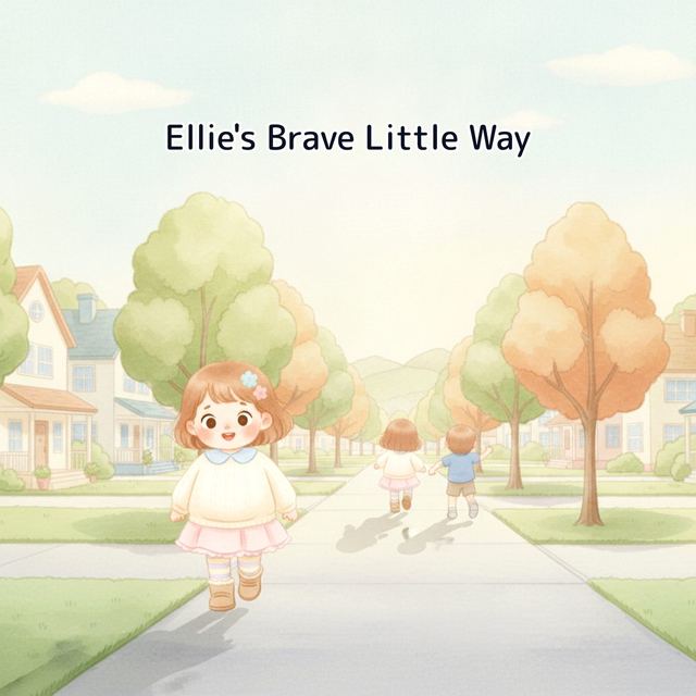 Cover of Ellie's Brave Little Way: Ellie walking up a tree-lined street while two bigger kids run on ahead of her