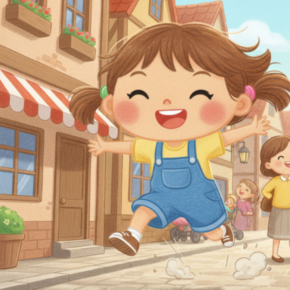 Chihiro sprinting down the street with her arms wide open