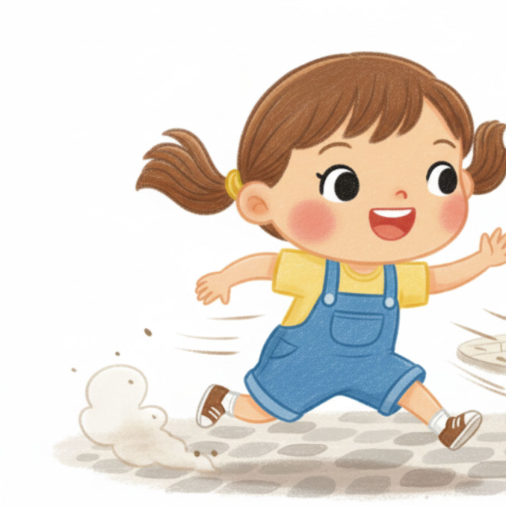 Chihiro running at full speed, dust kicking up behind her