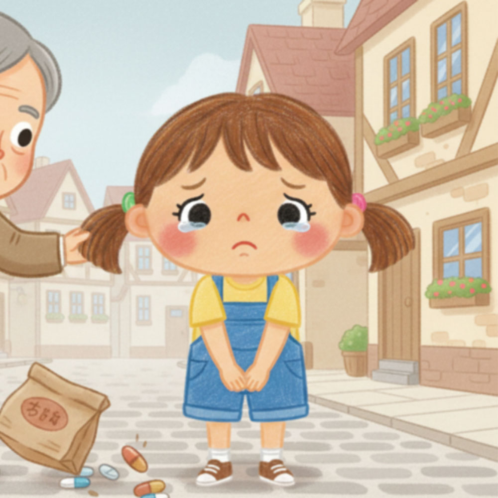 Chihiro standing with her head down and tears in her eyes, the spilled medicine beside her