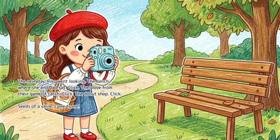 A spread from the English edition of The Magic Camera, with the English text set onto the artwork