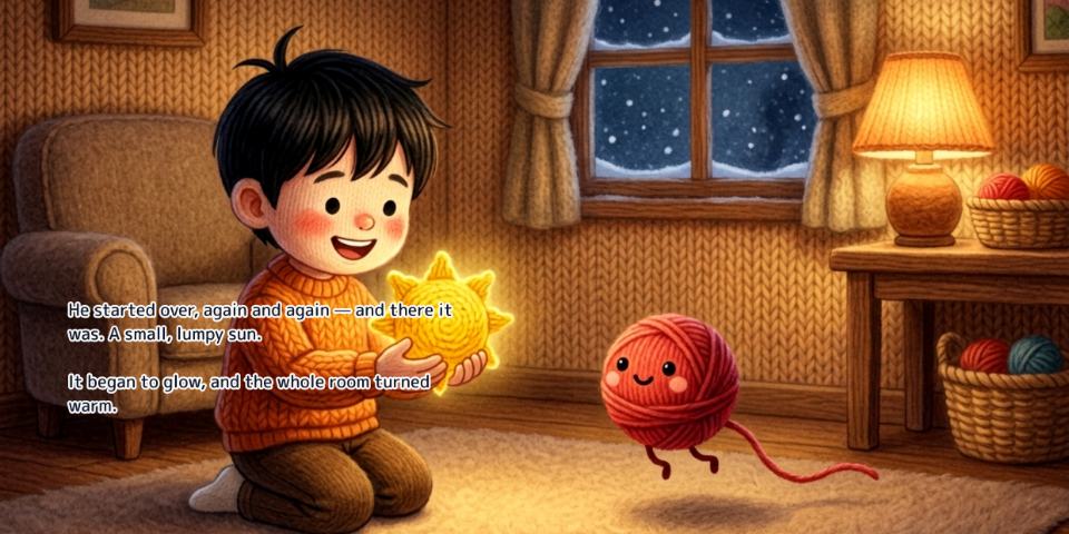 A spread from the English edition of The Magic Yarn, with the English text set onto the artwork
