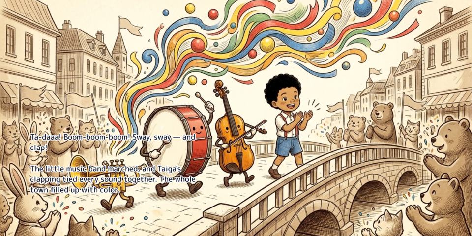 A spread from the English edition of The Little Music Band, with the English text set onto the artwork