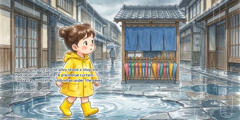 A spread from the English edition of The Umbrella Shop on a Rainy Day, with the English text set onto the artwork
