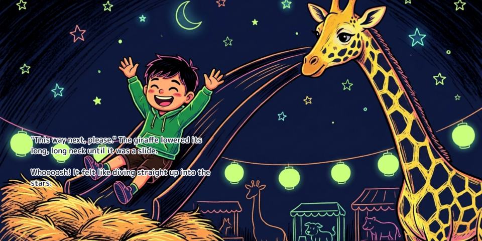 A spread from the English edition of The Zoo at Night, with the English text set onto the artwork