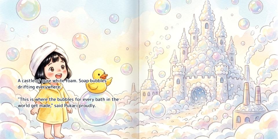 A spread from the English edition of An Adventure in Bath Land, with the English text set onto the artwork