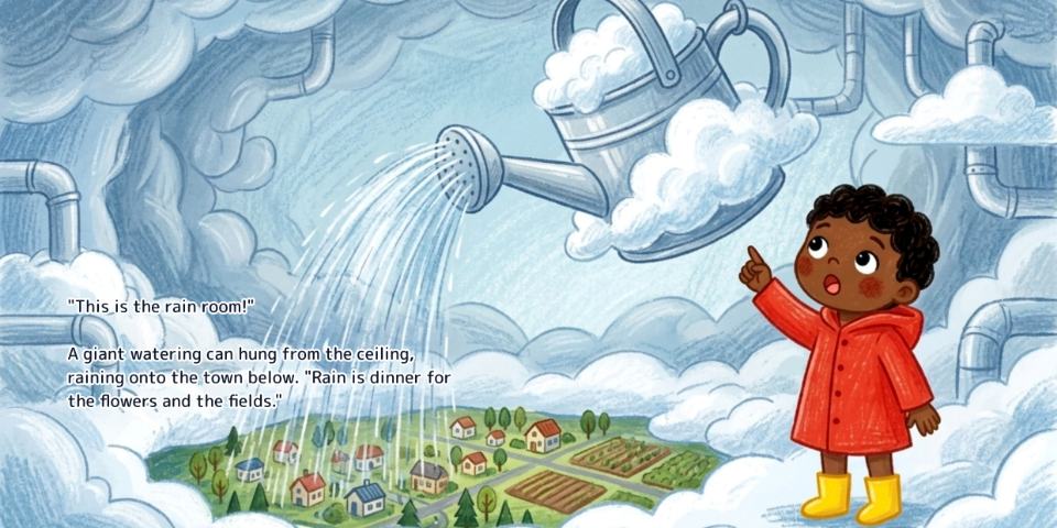 A spread from the English edition of The Weather Factory, with the English text set onto the artwork