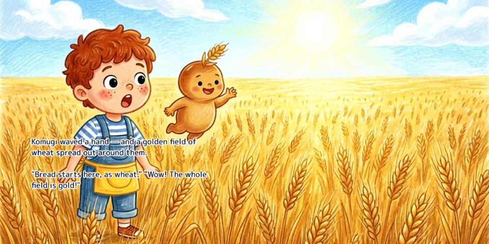 A spread from the English edition of The Bread Fairy, with the English text set onto the artwork