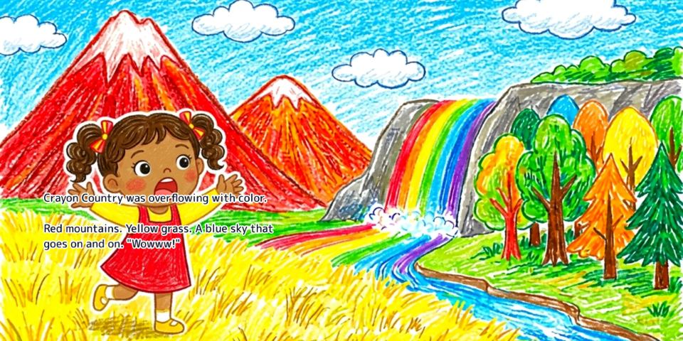 A spread from the English edition of Crayon Magic, with the English text set onto the artwork
