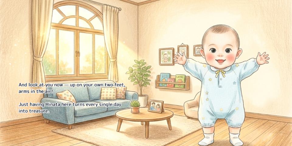 A spread from the English edition of Thank You for Being Born, with the English text set onto the artwork