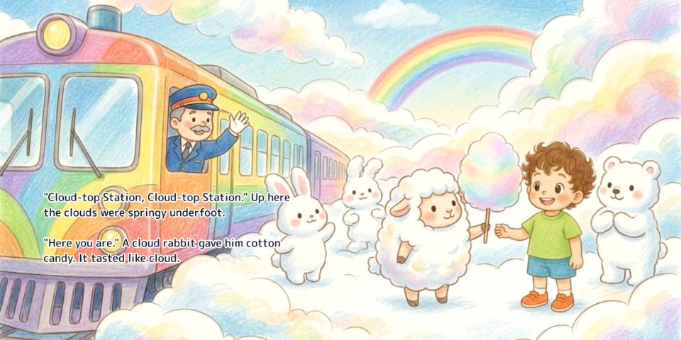 A spread from the English edition of A Trip by Train, with the English text set onto the artwork