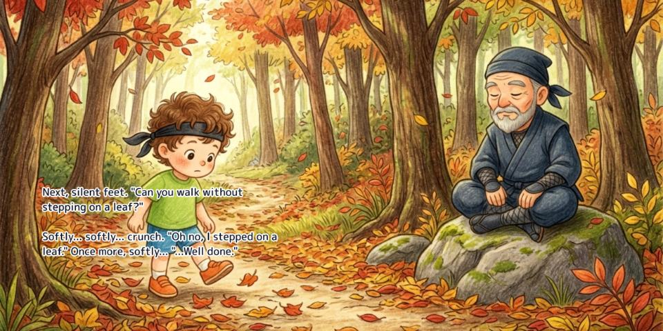 A spread from the English edition of The Little Ninja, with the English text set onto the artwork