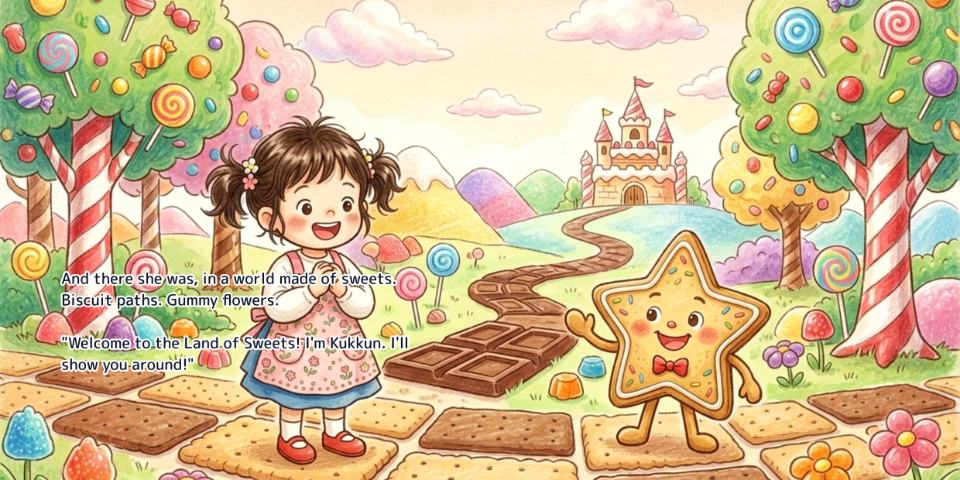 A spread from the English edition of Off to the Land of Sweets, with the English text set onto the artwork