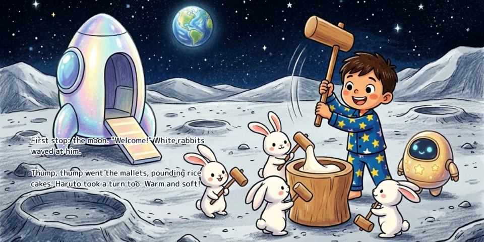 A spread from the English edition of Aboard the Rocket, with the English text set onto the artwork