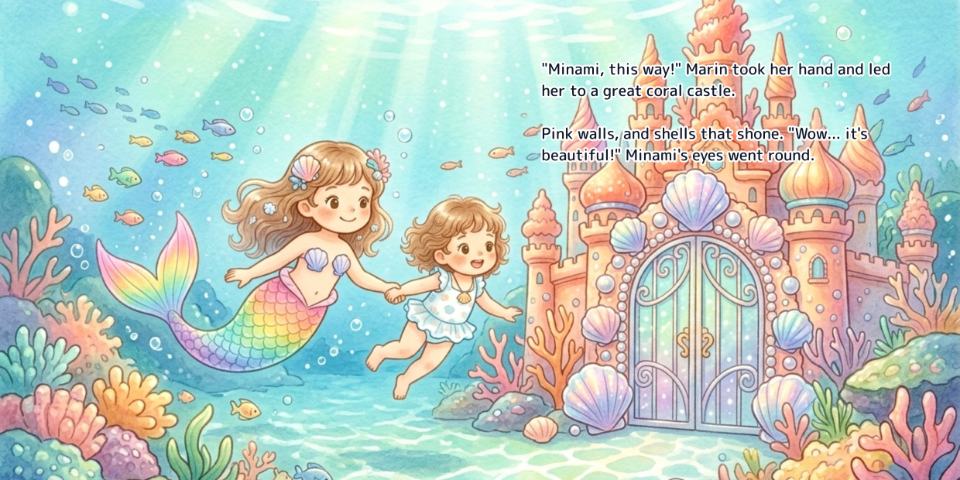 A spread from the English edition of The Kingdom Under the Sea, with the English text set onto the artwork
