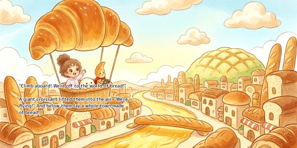 A spread from the English edition of Papa's Bakery, with the English text set onto the artwork